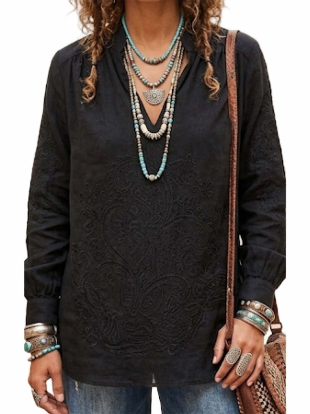 Soft Surroundings Black Embroidered Blouse Sz MP